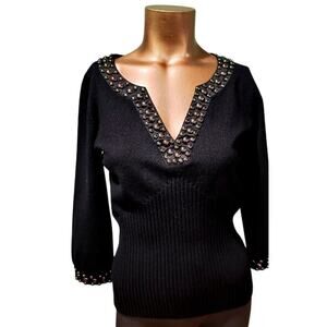 Belldini Ribbed V-Neck Sweater with Metal Studs at Neck‎ & Cuffs, Black, Sz S